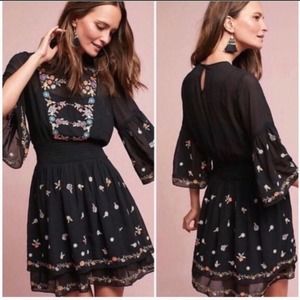 Maeve x Anthropologie ANIFSA Black Embroidered Tunic Peasant Mini Dress Size 8